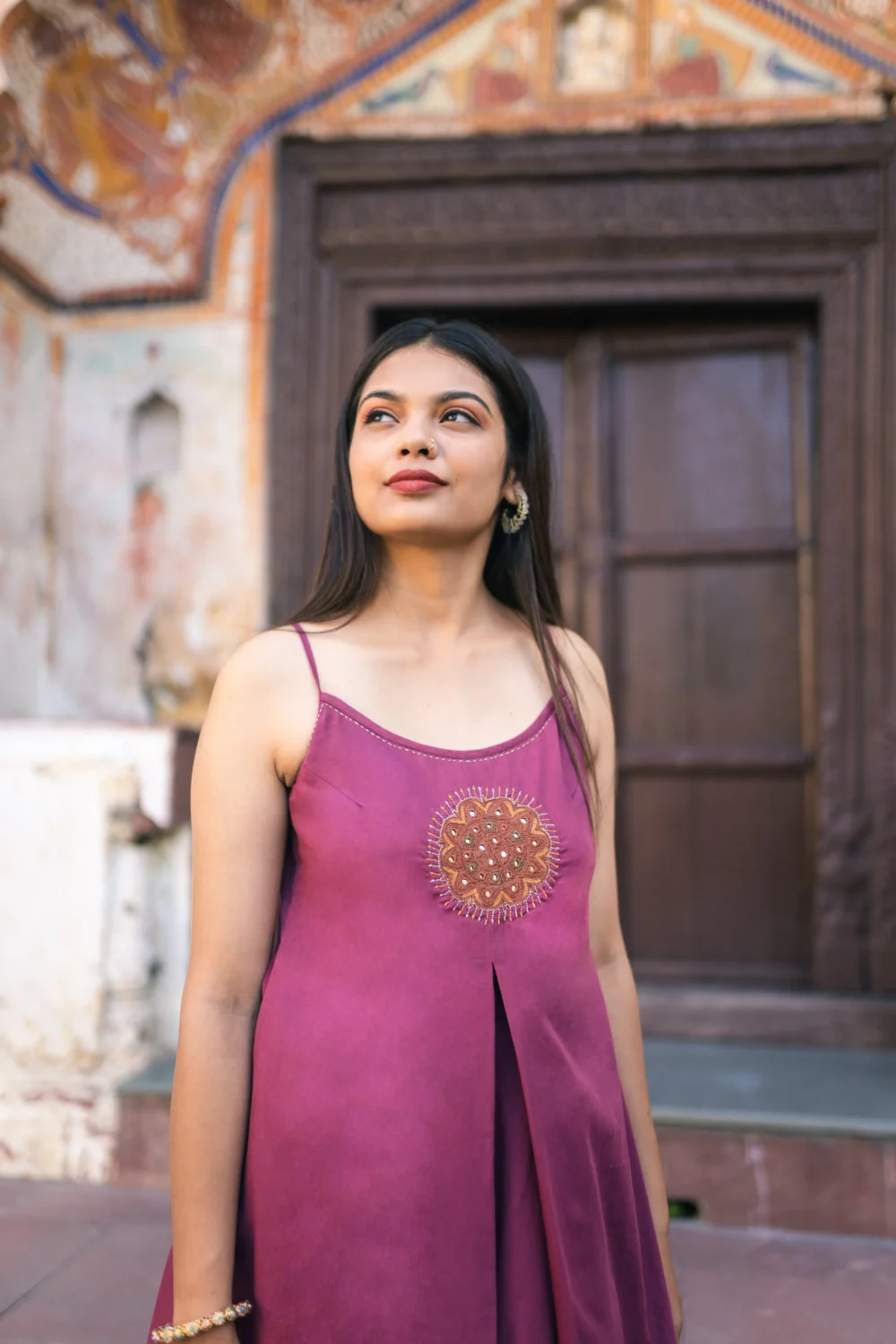 Maroon Mahogany Strappy Box Pleat Pakko Dress