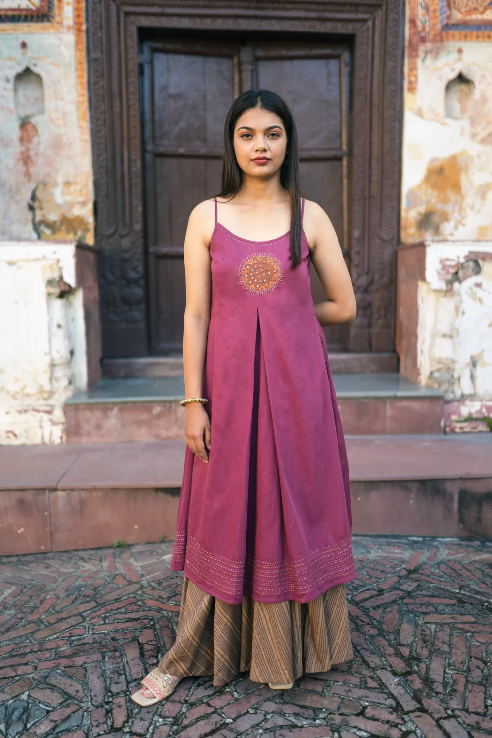 Maroon Mahogany Strappy Box Pleat Pakko Dress - Image 3