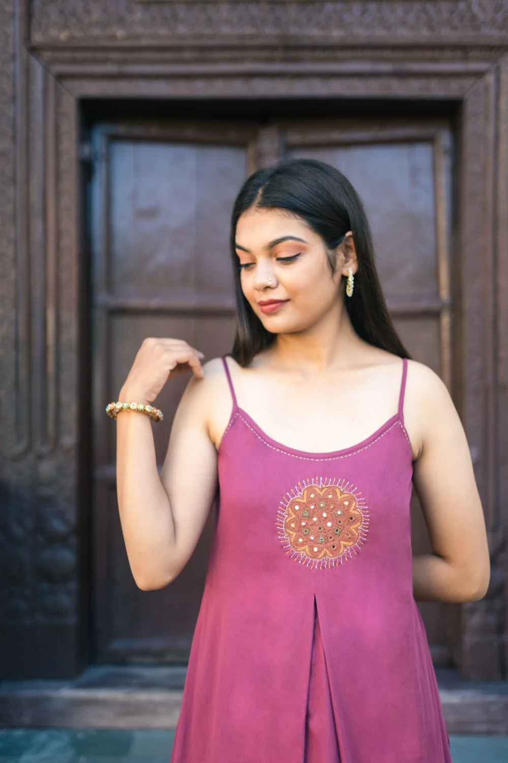 Maroon Mahogany Strappy Box Pleat Pakko Dress - Image 4