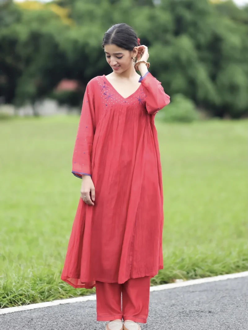 Surkh Flared Chikankari Kurta