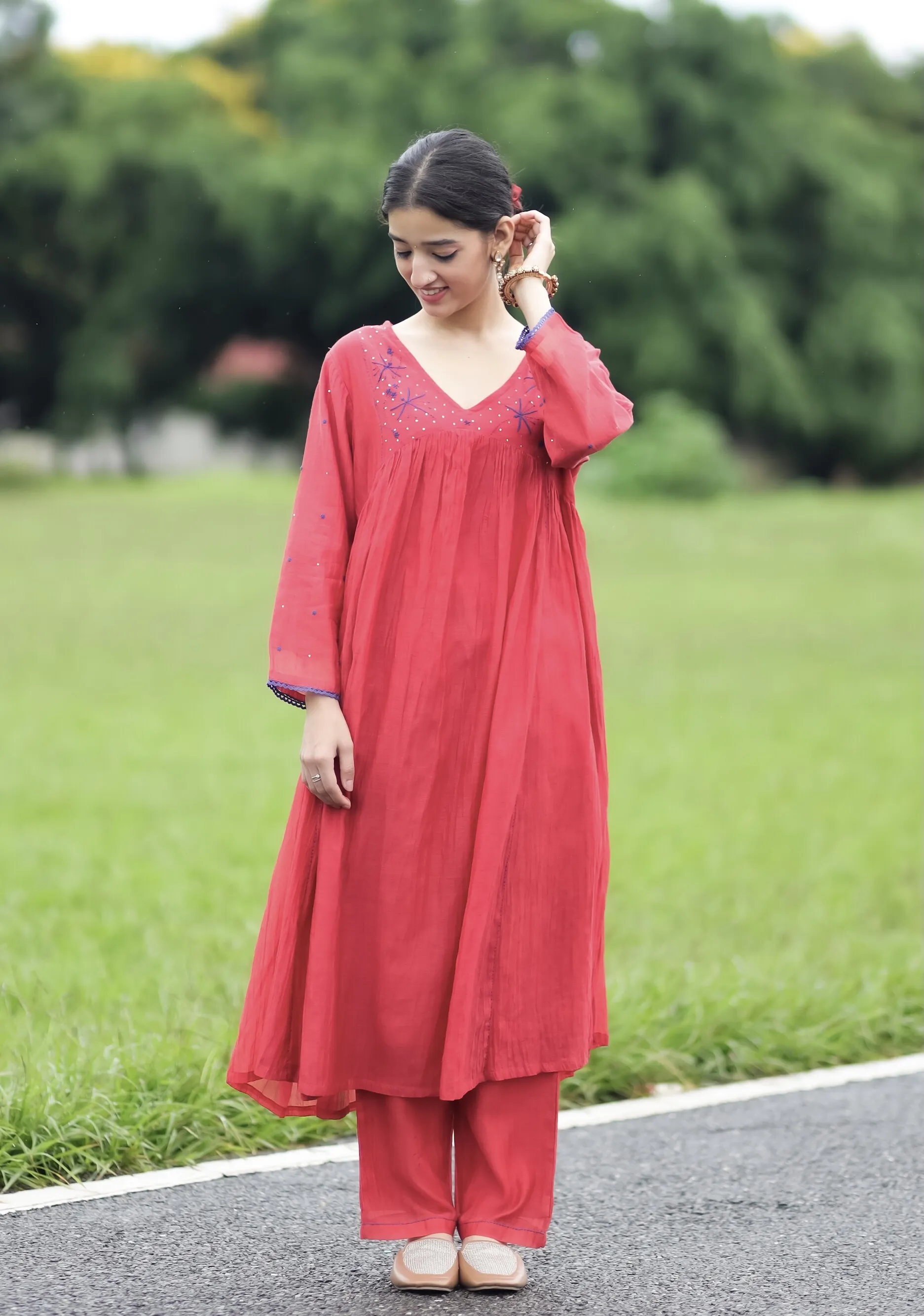Surkh Flared Chikankari Kurta
