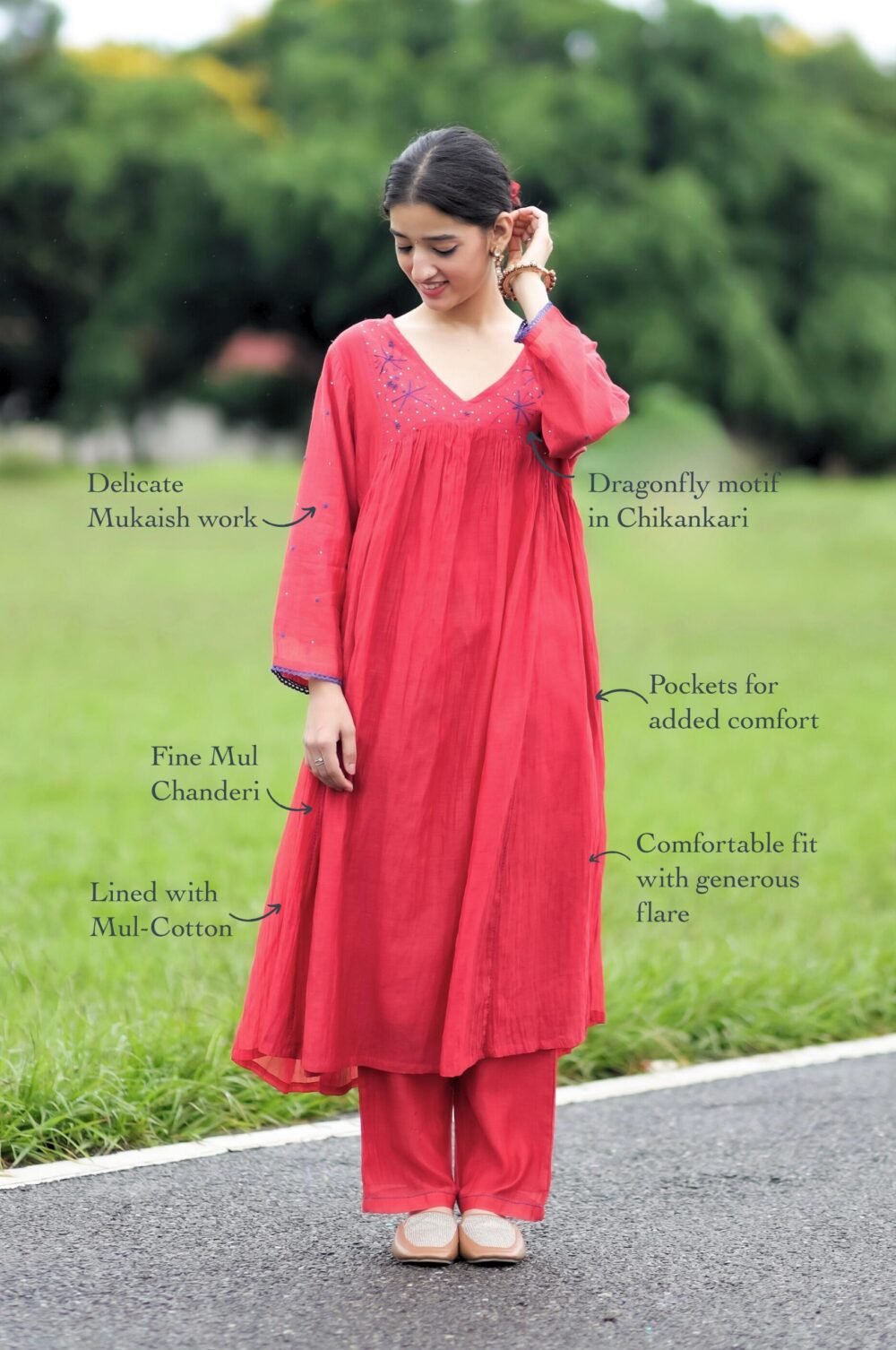 Surkh Flared Chikankari Kurta Set - Image 3