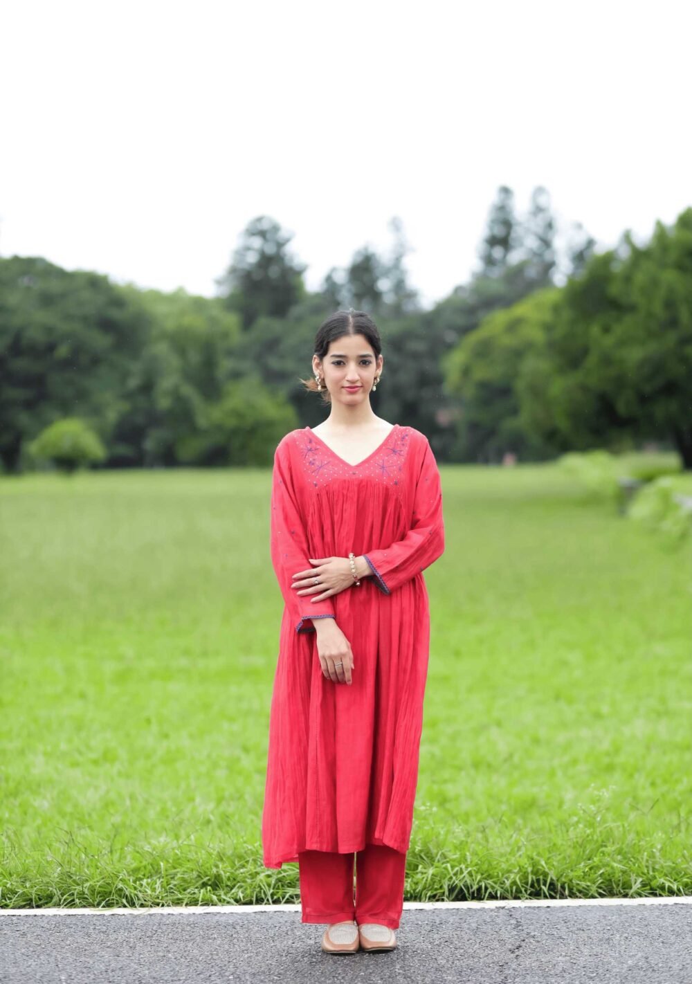 Surkh Flared Chikankari Kurta Set - Image 5