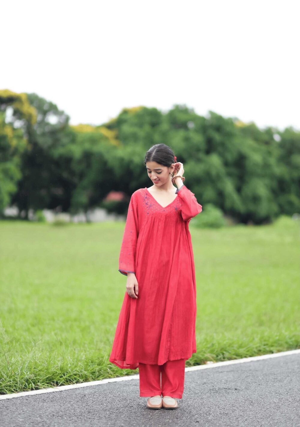 Surkh Flared Chikankari Kurta Set