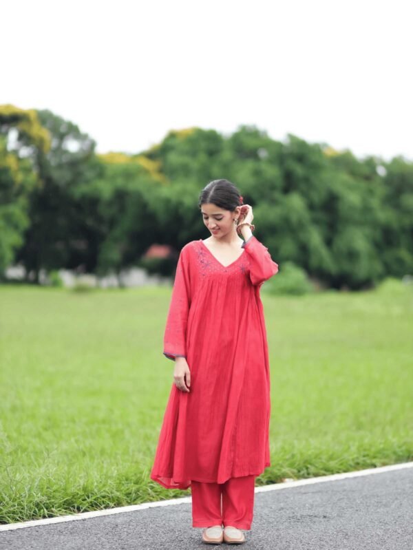 Surkh Flared Chikankari Kurta Set